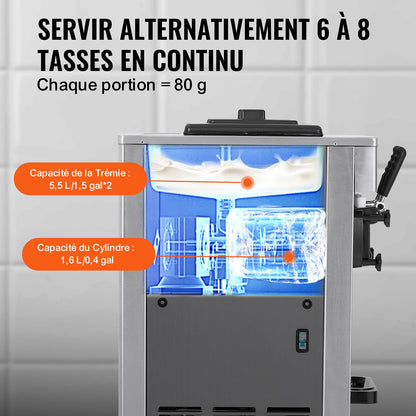 Gewerbliche Eismaschine, 21-31 l/h Leistung, 1500 W, 3-Sorten-Eismaschine, freistehend, für Softeis, 2 x 5,5 l Edelstahlzylinder, LED-Panel, automatische Reinigung, Vorkühlung, für Restaurantbars
