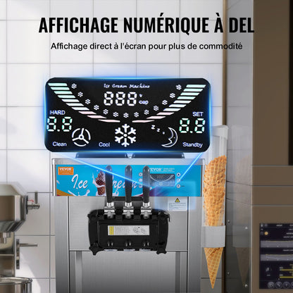 Gewerbliche Eismaschine, 21-31 l/h Leistung, 1500 W, 3-Sorten-Eismaschine, freistehend, für Softeis, 2 x 5,5 l Edelstahlzylinder, LED-Panel, automatische Reinigung, Vorkühlung, für Restaurantbars