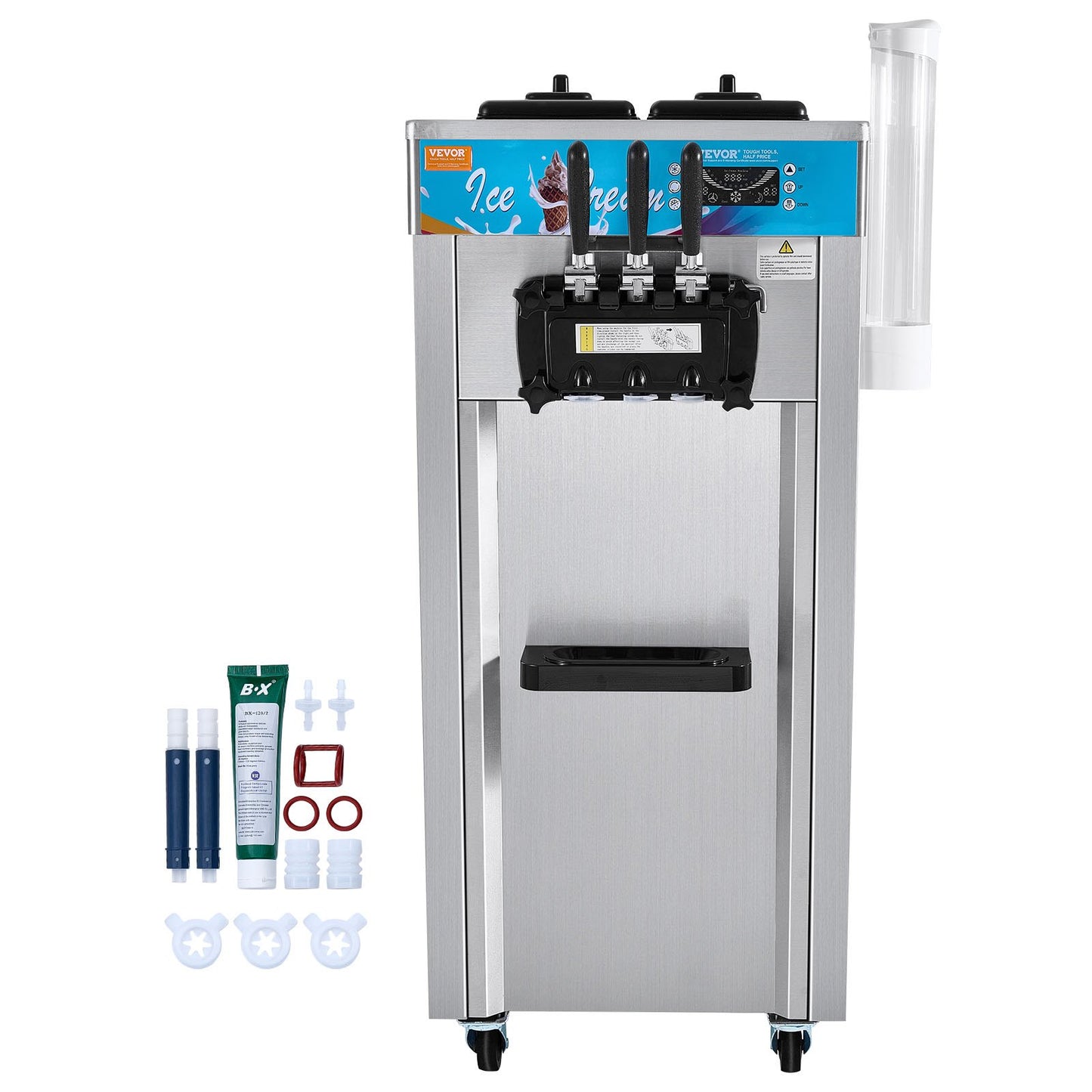 Gewerbliche Eismaschine, 21-31 l/h Leistung, 1500 W, 3-Sorten-Eismaschine, freistehend, für Softeis, 2 x 5,5 l Edelstahlzylinder, LED-Panel, automatische Reinigung, Vorkühlung, für Restaurantbars