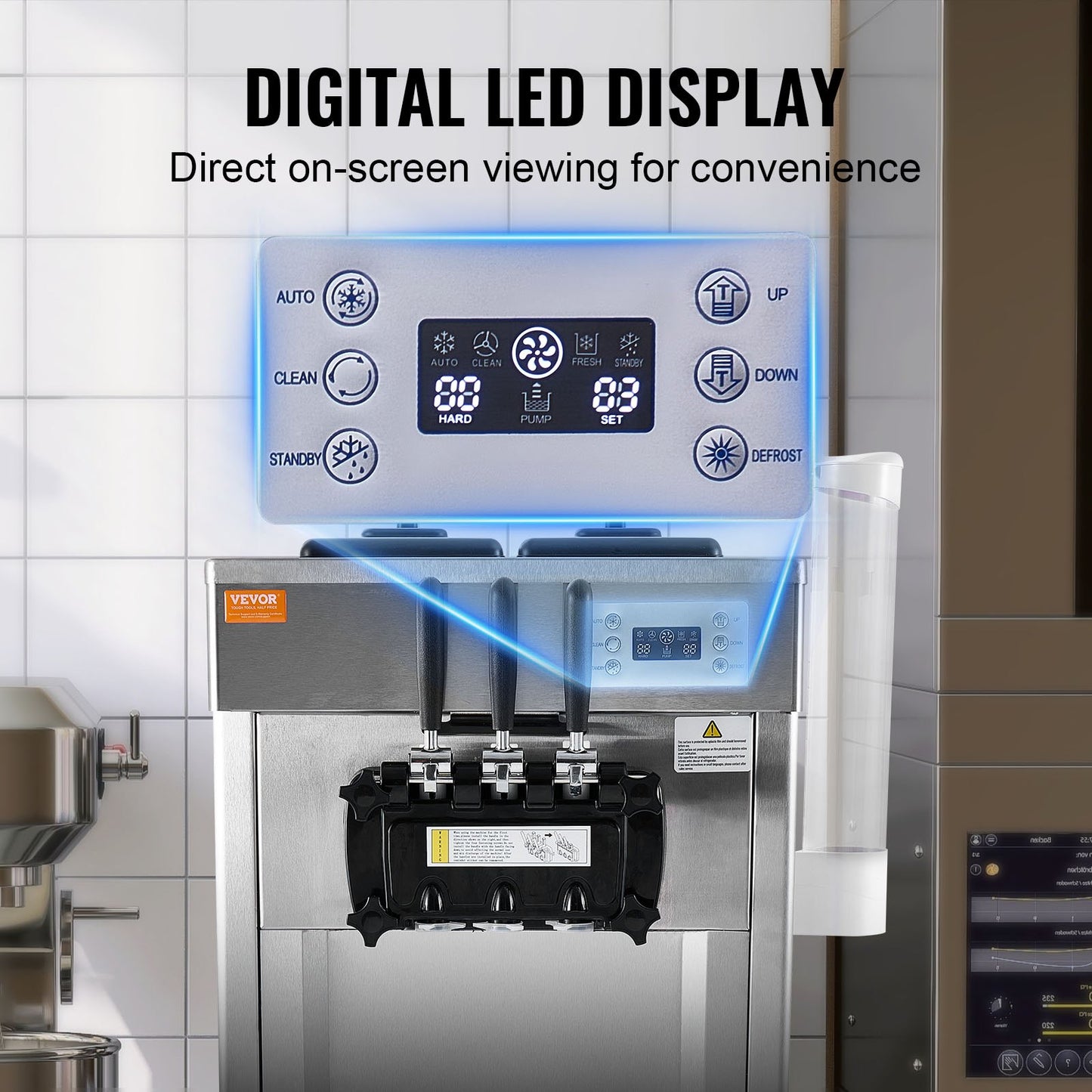 Gewerbliche Eismaschine, 21-31 l/h Leistung, 1670 W, freistehende Softeismaschine mit 3 Geschmacksrichtungen, 2 x 4,3 l Edelstahlbehälter, LED-Bedienfeld, Selbstreinigung über Nacht, Kühlung, für Restaurantbars