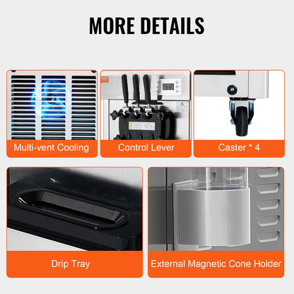 Gewerbliche Eismaschine, 21-31 l/h Leistung, 1670 W, freistehende Softeismaschine mit 3 Geschmacksrichtungen, 2 x 4,3 l Edelstahlbehälter, LED-Bedienfeld, Selbstreinigung über Nacht, Kühlung, für Restaurantbars