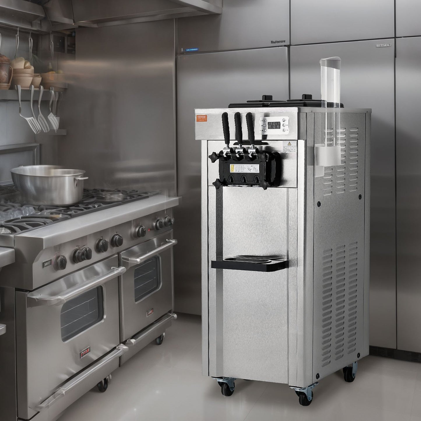 Gewerbliche Eismaschine, 21-31 l/h Leistung, 1670 W, freistehende Softeismaschine mit 3 Geschmacksrichtungen, 2 x 4,3 l Edelstahlbehälter, LED-Bedienfeld, Selbstreinigung über Nacht, Kühlung, für Restaurantbars