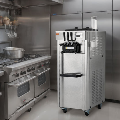 Gewerbliche Eismaschine, 21-31 l/h Leistung, 1670 W, freistehende Softeismaschine mit 3 Geschmacksrichtungen, 2 x 4,3 l Edelstahlbehälter, LED-Bedienfeld, Selbstreinigung über Nacht, Kühlung, für Restaurantbars