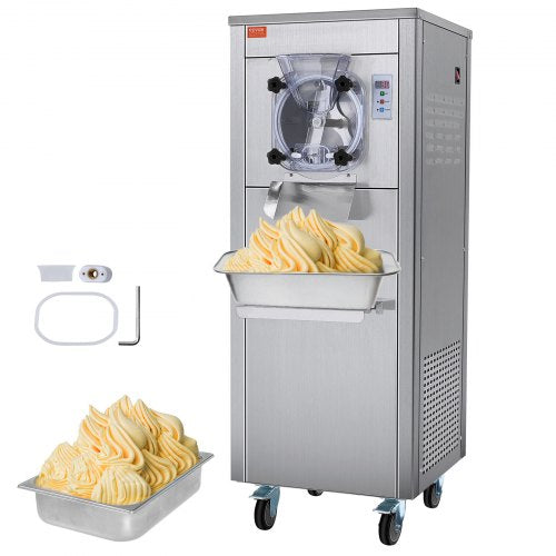 Gewerbliche Eismaschine, 18 l/h Leistung, 1600 W, Eismaschine für eine Geschmacksrichtung, mit Rollen, 6 l Edelstahlzylinder, LED-Panel, Selbstreinigungs- und Vorkühlfunktion, für Restaurants und Imbissstände