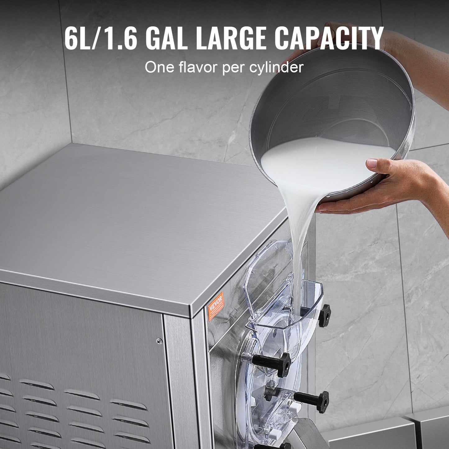 Gewerbliche Eismaschine, 18 l/h Leistung, 1600 W, Eismaschine für eine Geschmacksrichtung, mit Rollen, 6 l Edelstahlzylinder, LED-Panel, Selbstreinigungs- und Vorkühlfunktion, für Restaurants und Imbissstände