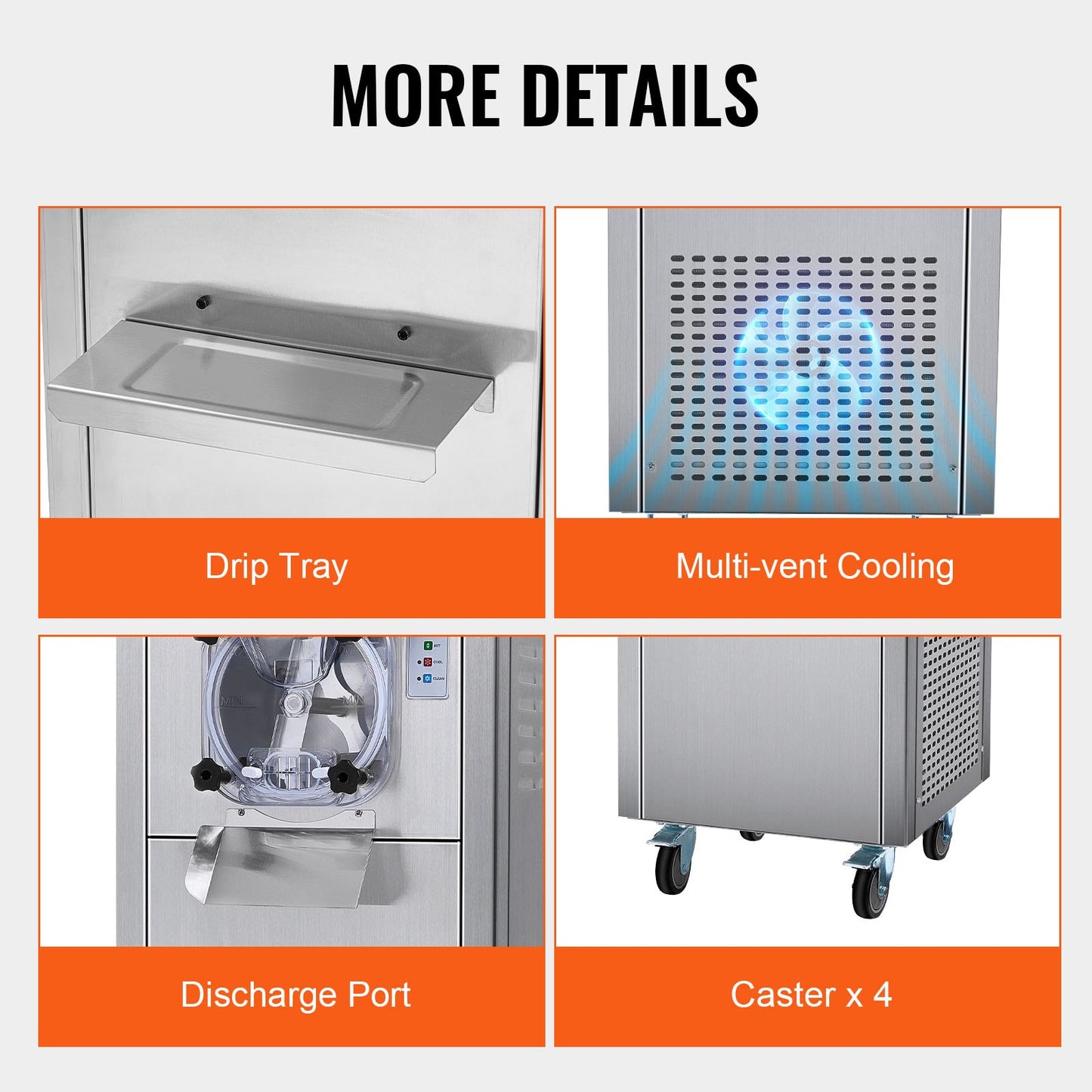 Gewerbliche Eismaschine, 18 l/h Leistung, 1600 W, Eismaschine für eine Geschmacksrichtung, mit Rollen, 6 l Edelstahlzylinder, LED-Panel, Selbstreinigungs- und Vorkühlfunktion, für Restaurants und Imbissstände