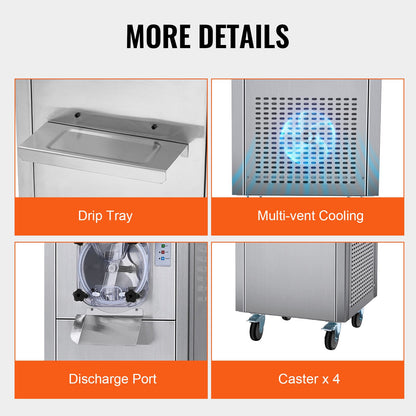 Gewerbliche Eismaschine, 18 l/h Leistung, 1600 W, Eismaschine für eine Geschmacksrichtung, mit Rollen, 6 l Edelstahlzylinder, LED-Panel, Selbstreinigungs- und Vorkühlfunktion, für Restaurants und Imbissstände