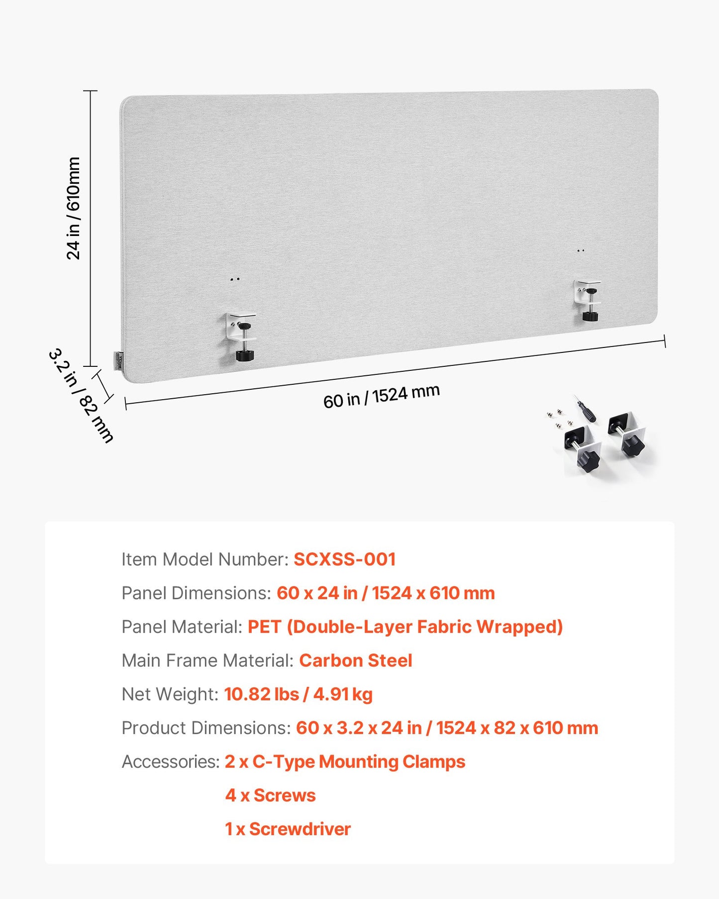 Sichtschutzwand für Schreibtische, 1524 x 610 mm, zum Klemmen, für Büroarbeitsplätze, Trennwand für Bürokabinen, Sichtschutzwand für Arbeitsplätze mit 2 C-Klemmen für Büros, Räume und Bibliotheken