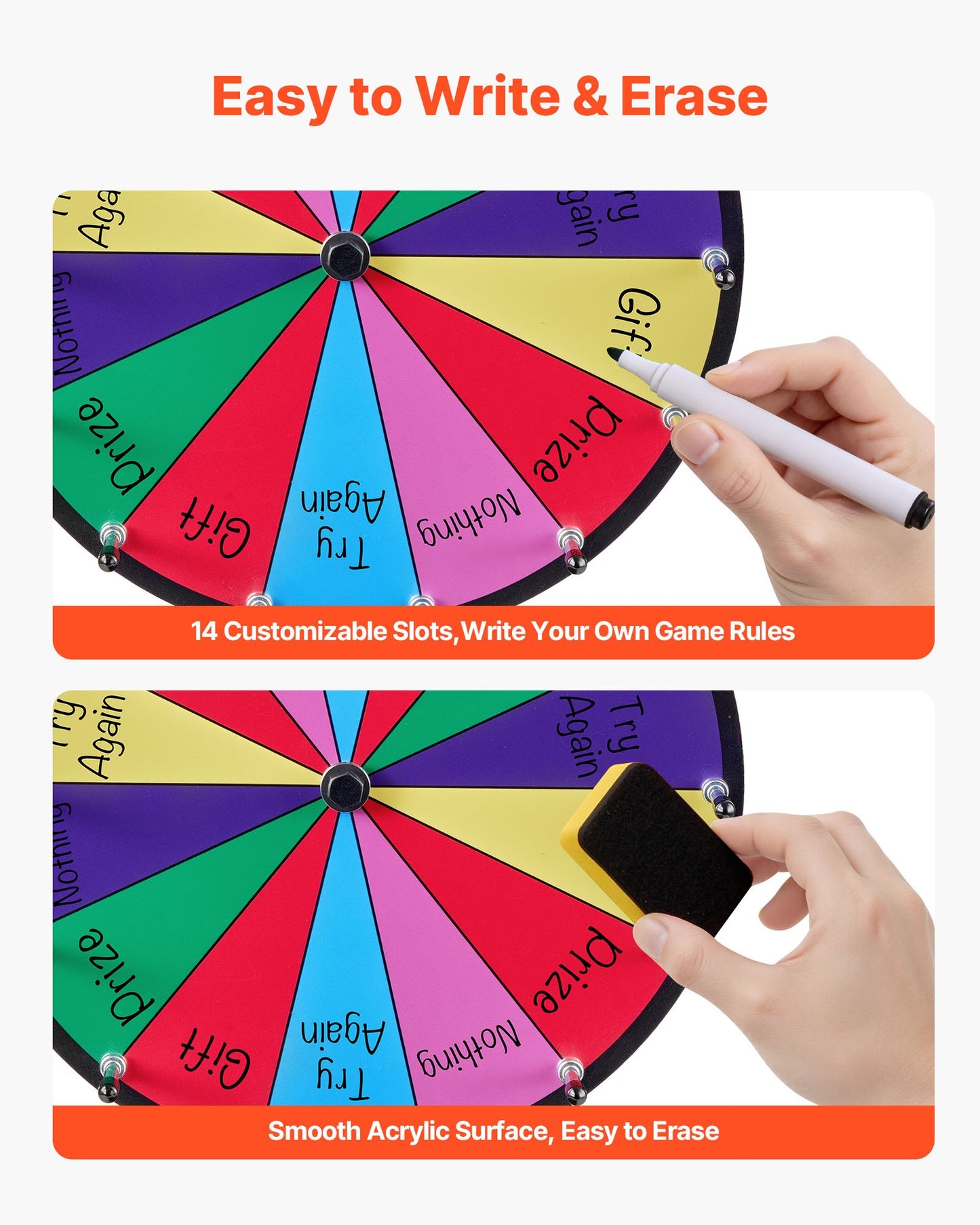 305 mm Spinning Prize Wheel, 14 Slots Spinning Wheel with Stand, Tabletop Win Fortune Roulette with a Dry Erase and 2 Markers, 6 Colors, Easy Assembly, for Party Pub Trade Show Carnival Events