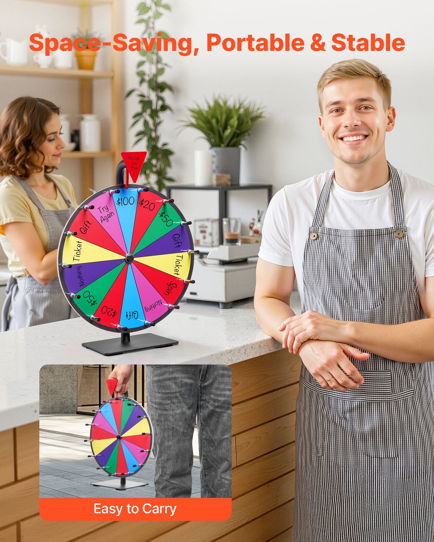 305 mm Spinning Prize Wheel, 14 Slots Spinning Wheel with Stand, Tabletop Win Fortune Roulette with a Dry Erase and 2 Markers, 6 Colors, Easy Assembly, for Party Pub Trade Show Carnival Events