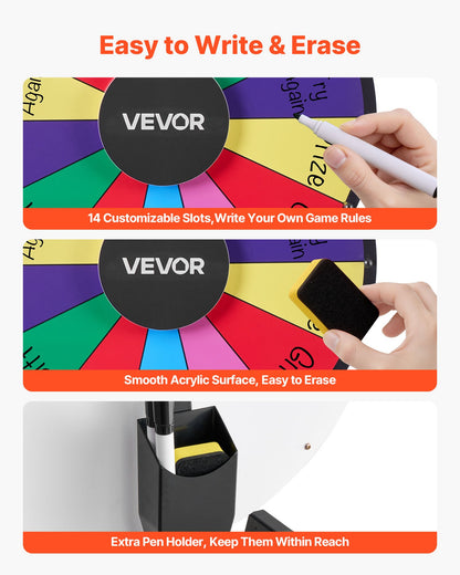 457 mm Spinning Prize Wheel, 14 Slots Spinning Wheel with Stand, Tabletop Win Fortune Roulette with a Dry Erase and 2 Markers, 6 Colors, Easy Assembly, for Party Pub Trade Show Carnival Events
