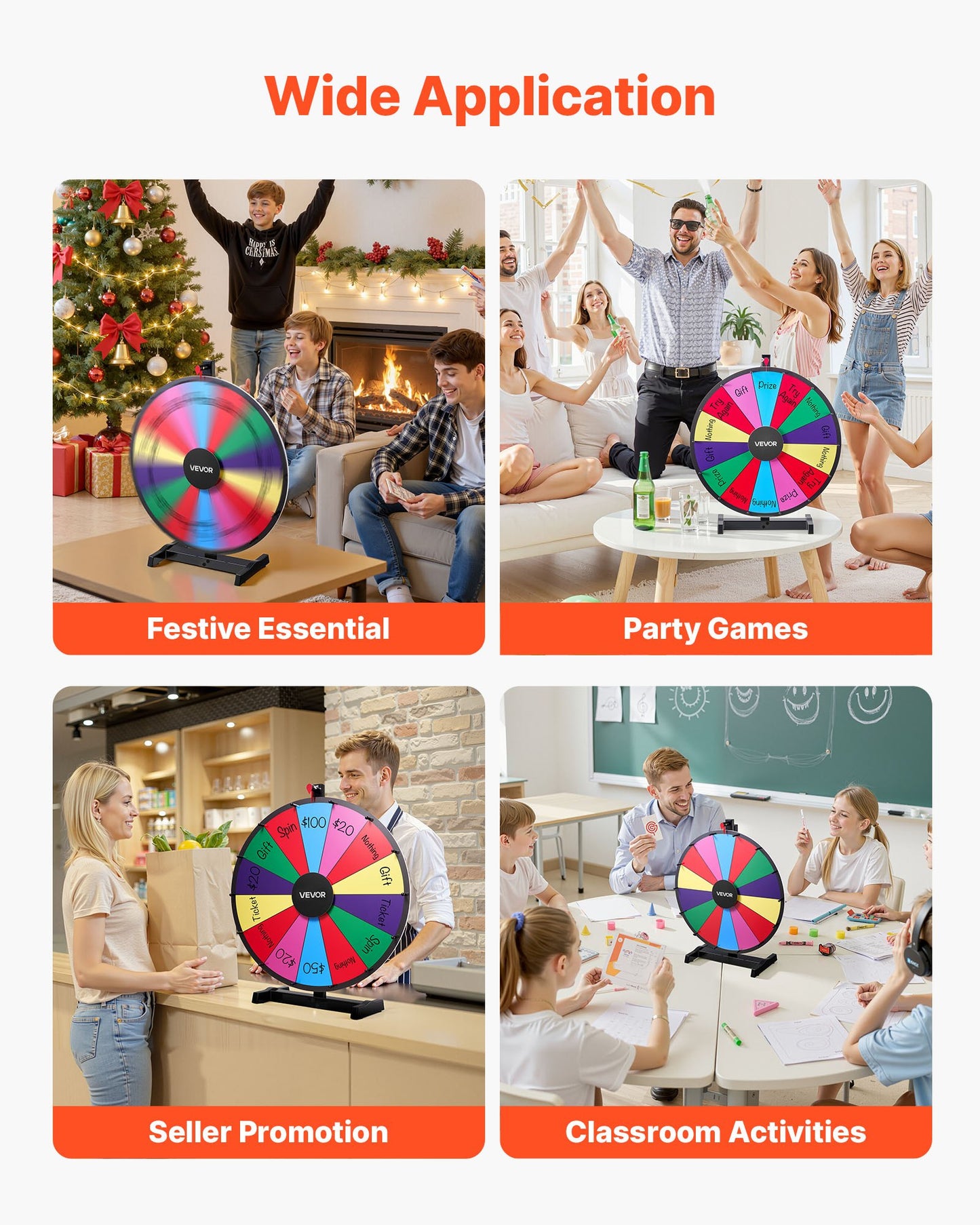 610 mm Spinning Prize Wheel, 14 Slots Spinning Wheel with Stand, Tabletop Win Fortune Roulette with a Dry Erase and 2 Markers, 6 Colors, Easy Assembly, for Party Pub Trade Show Carnival Events
