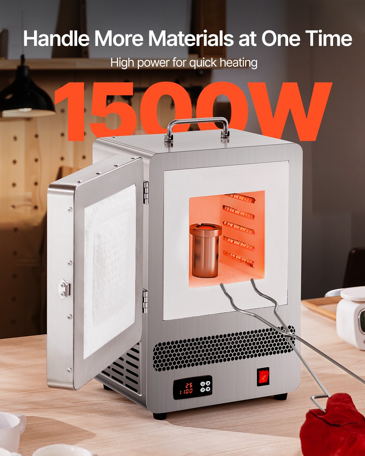 Tisch-Schmelzofen, 1500 W Leistungsstarker Elektroofen, Maximale Temperatur 1200 °C, Edelstahl, Goldschmelzofen für Wachsguss, Tonarbeiten, Metallhärten, Glasieren von Keramik, Silber