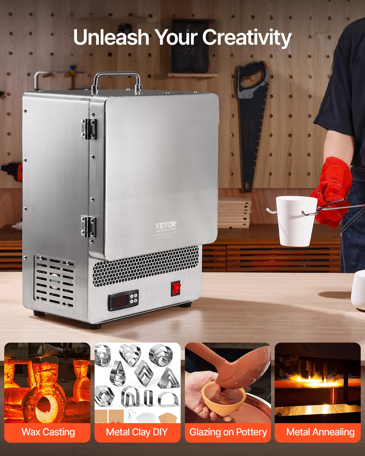 Tisch-Schmelzofen, 1500 W Leistungsstarker Elektroofen, Maximale Temperatur 1200 °C, Edelstahl, Goldschmelzofen für Wachsguss, Tonarbeiten, Metallhärten, Glasieren von Keramik, Silber