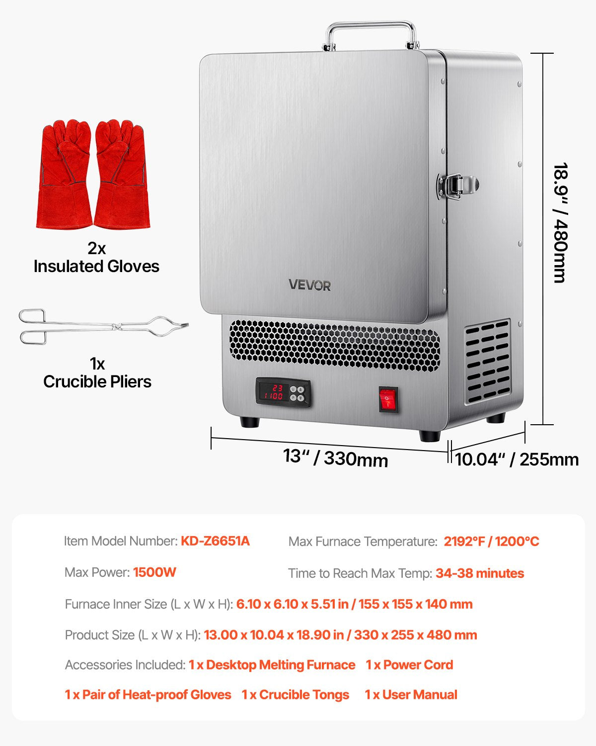 Tisch-Schmelzofen, 1500 W Leistungsstarker Elektroofen, Maximale Temperatur 1200 °C, Edelstahl, Goldschmelzofen für Wachsguss, Tonarbeiten, Metallhärten, Glasieren von Keramik, Silber