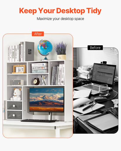 Schreibtischregal, 3-stöckiges Aufbewahrungssystem, 94 x 25 x 79 cm, Büroregal aus Holz, Aufsatzregal mit zwei Stoffschubladen, für Büro, Zuhause und Studentenwohnheim, Weiß