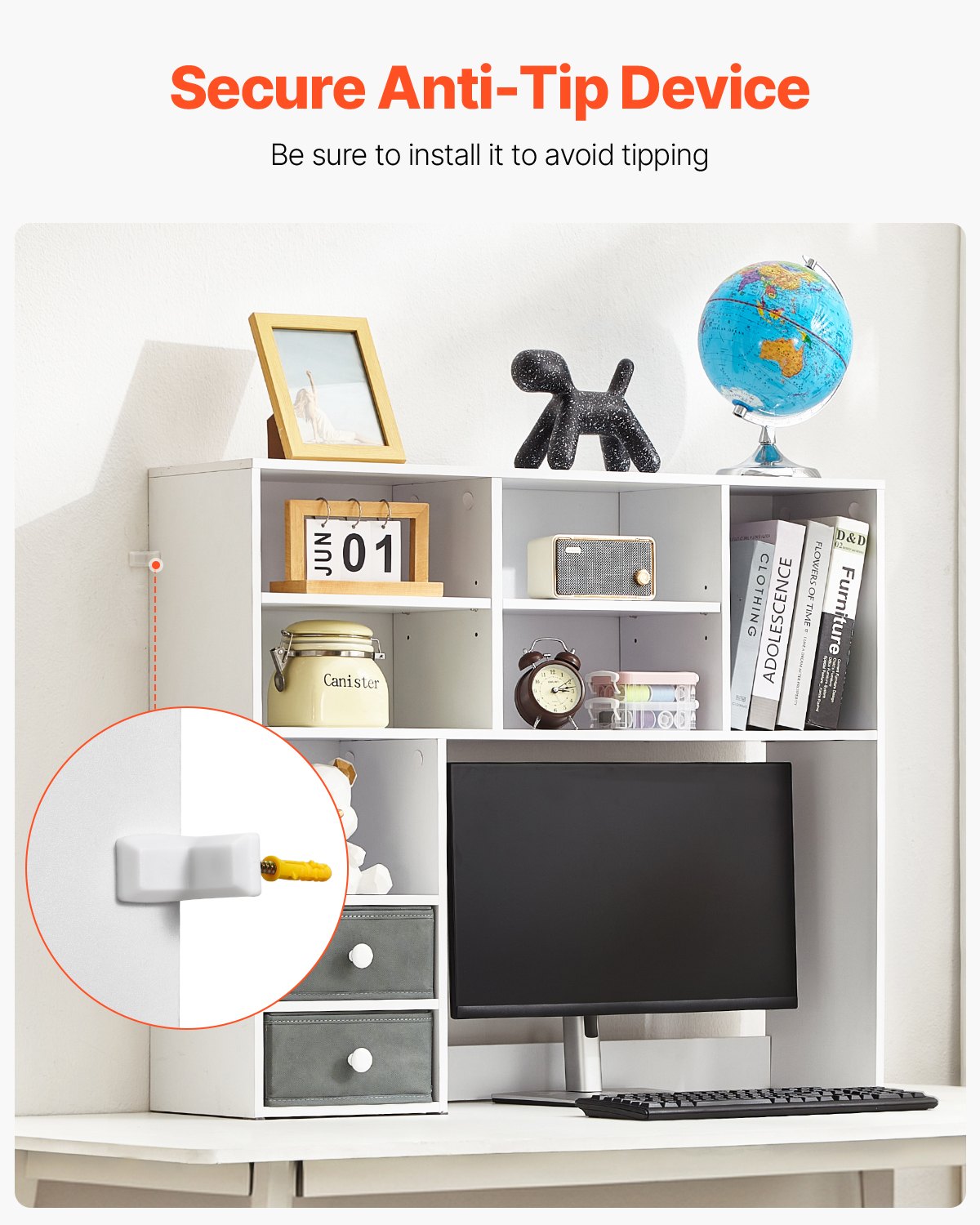 Schreibtischregal, 3-stöckiges Aufbewahrungssystem, 94 x 25 x 79 cm, Büroregal aus Holz, Aufsatzregal mit zwei Stoffschubladen, für Büro, Zuhause und Studentenwohnheim, Weiß