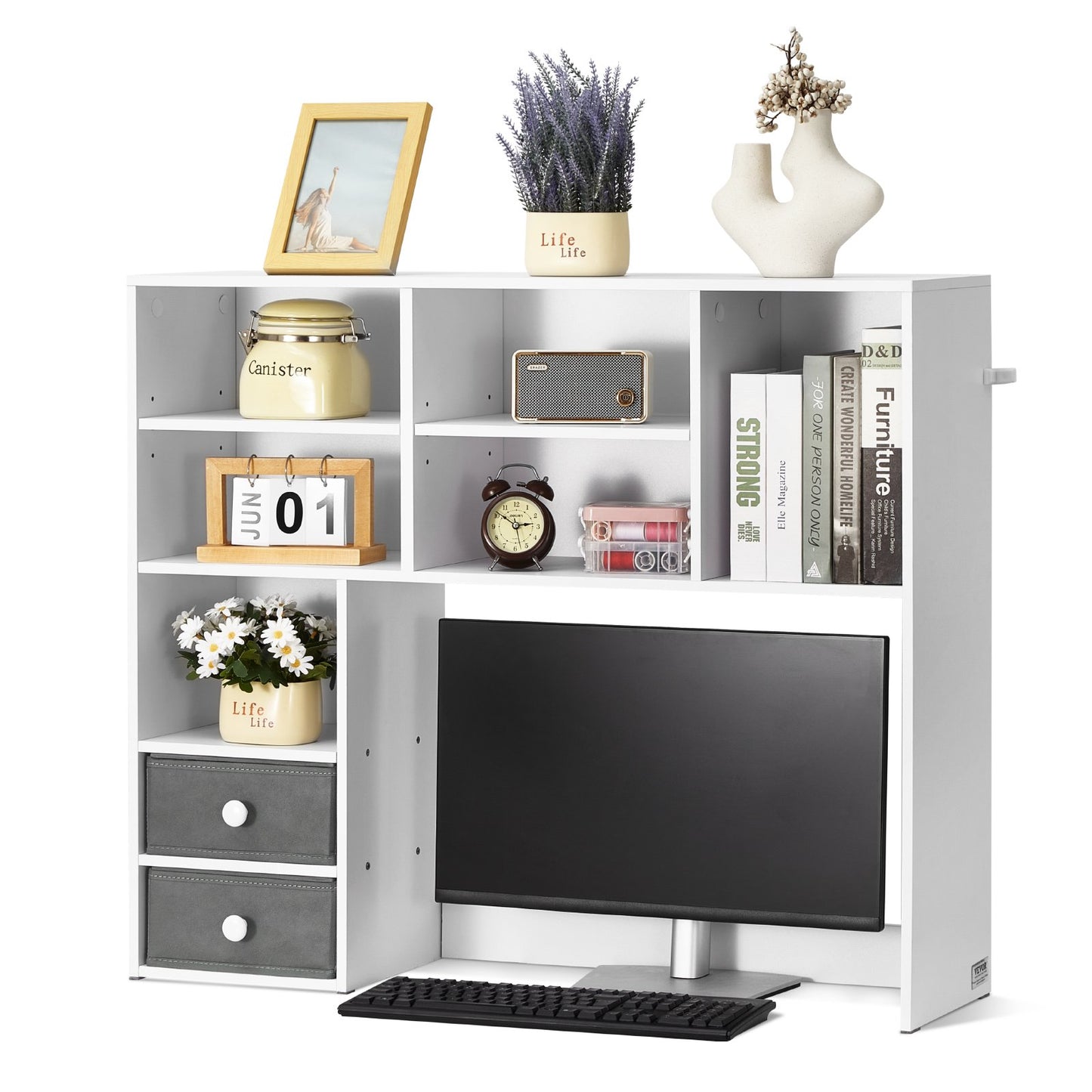 Schreibtischregal, 3-stöckiges Aufbewahrungssystem, 94 x 25 x 79 cm, Büroregal aus Holz, Aufsatzregal mit zwei Stoffschubladen, für Büro, Zuhause und Studentenwohnheim, Weiß