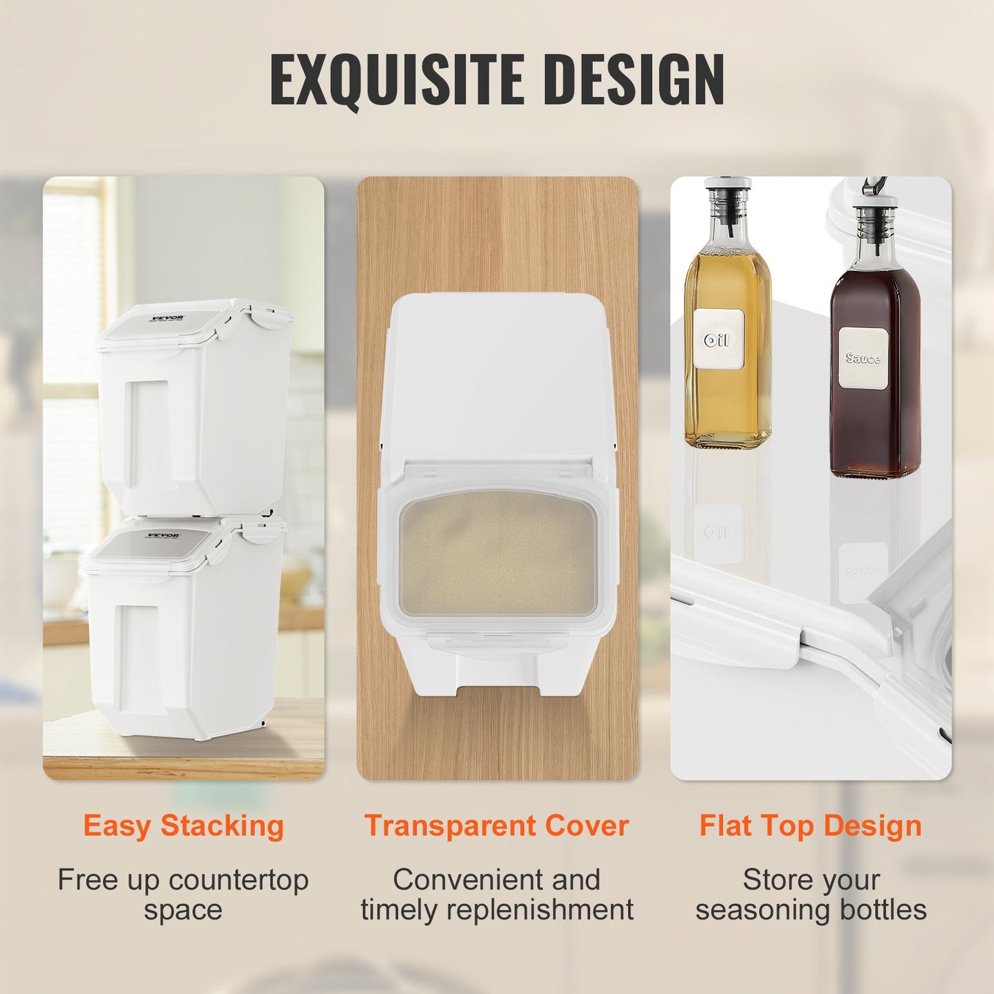 Vorratsbehälter für Zutaten, 2 x 15-Liter-Spenderbehälter mit 2 Messbechern, abnehmbaren Rollen und luftdichtem Deckel, 2-teiliges Set Hundefutter-Aufbewahrungsbehälter, PP-Material Küchenbehälter für Reis, Getreide und Mehl