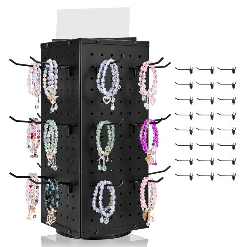 Drehbarer Lochwand-Präsentationsständer, 18,8 x 18,8 x 42,6 cm, 4-seitig drehbare Lochwand mit 24 Haken, verdickter kaltgewalzter Stahl, Bastelregal-Organizer für Einzelhandelsgeschäfte und Juwelierläden, Schwarz