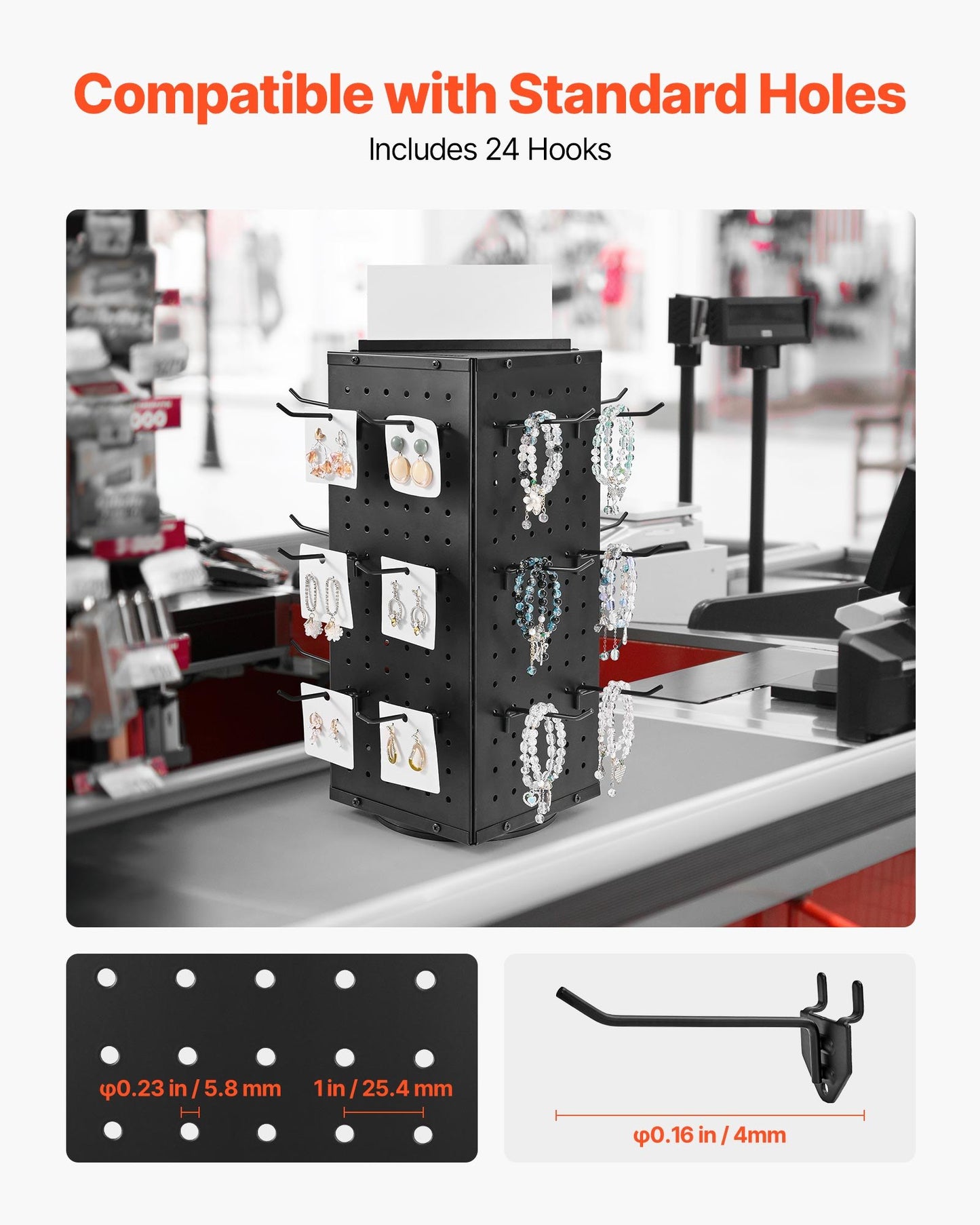 Drehbarer Lochwand-Präsentationsständer, 18,8 x 18,8 x 42,6 cm, 4-seitig drehbare Lochwand mit 24 Haken, verdickter kaltgewalzter Stahl, Bastelregal-Organizer für Einzelhandelsgeschäfte und Juwelierläden, Schwarz