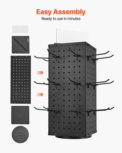 Drehbarer Lochwand-Präsentationsständer, 18,8 x 18,8 x 42,6 cm, 4-seitig drehbare Lochwand mit 24 Haken, verdickter kaltgewalzter Stahl, Bastelregal-Organizer für Einzelhandelsgeschäfte und Juwelierläden, Schwarz
