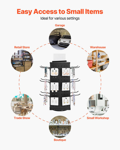 Drehbarer Lochwand-Präsentationsständer, 18,8 x 18,8 x 42,6 cm, 4-seitig drehbare Lochwand mit 24 Haken, verdickter kaltgewalzter Stahl, Bastelregal-Organizer für Einzelhandelsgeschäfte und Juwelierläden, Schwarz