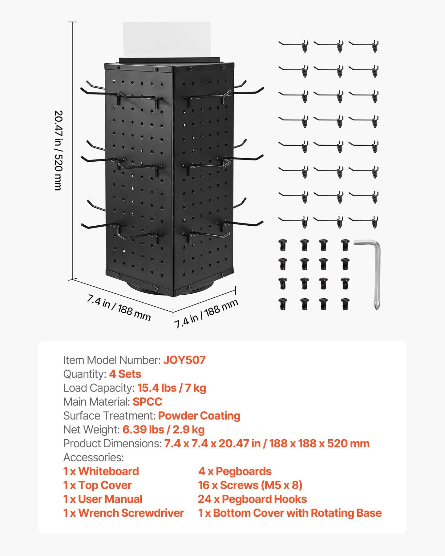 Drehbarer Lochwand-Präsentationsständer, 18,8 x 18,8 x 42,6 cm, 4-seitig drehbare Lochwand mit 24 Haken, verdickter kaltgewalzter Stahl, Bastelregal-Organizer für Einzelhandelsgeschäfte und Juwelierläden, Schwarz