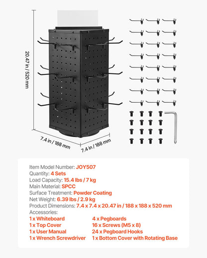 Drehbarer Lochwand-Präsentationsständer, 18,8 x 18,8 x 42,6 cm, 4-seitig drehbare Lochwand mit 24 Haken, verdickter kaltgewalzter Stahl, Bastelregal-Organizer für Einzelhandelsgeschäfte und Juwelierläden, Schwarz