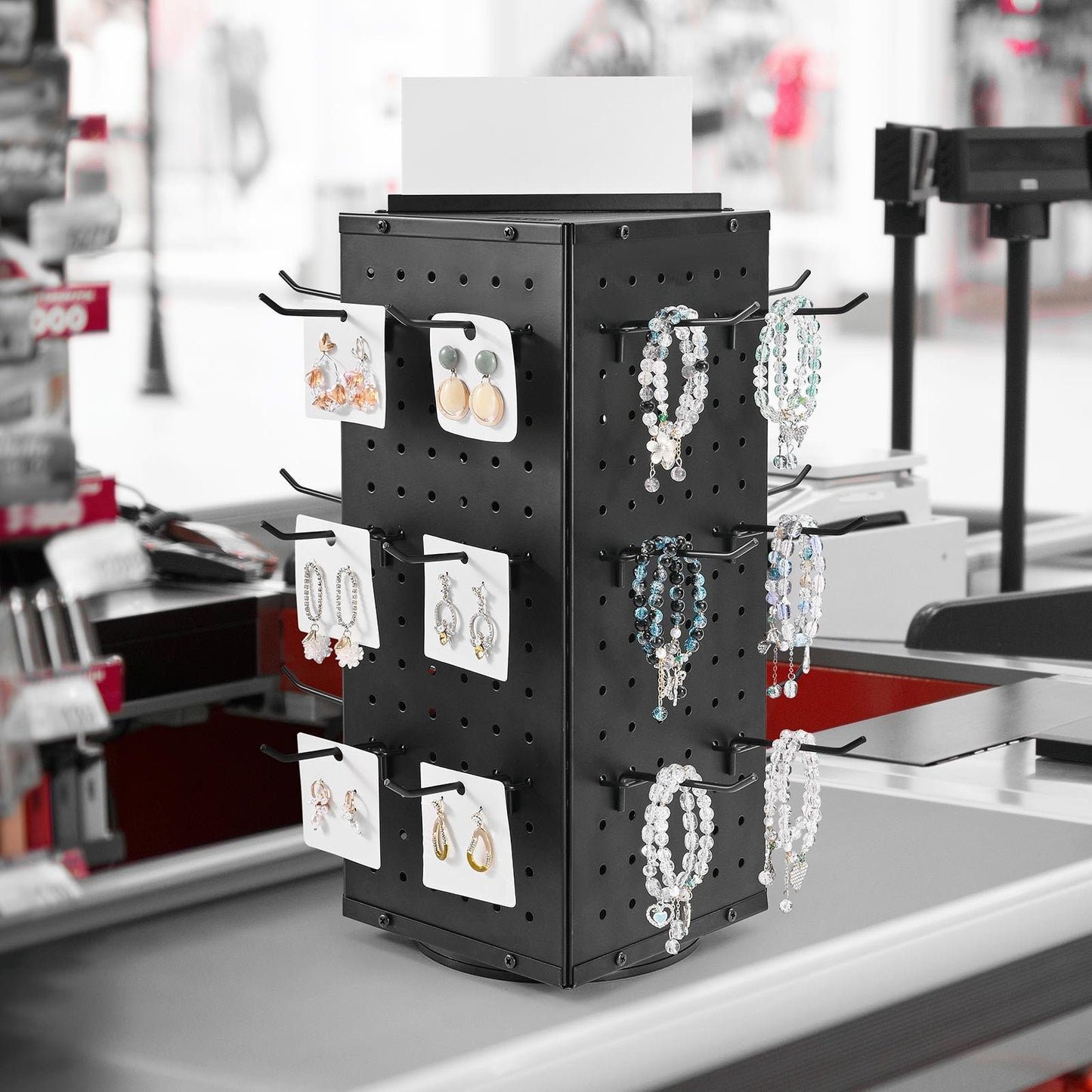 Drehbarer Lochwand-Präsentationsständer, 18,8 x 18,8 x 42,6 cm, 4-seitig drehbare Lochwand mit 24 Haken, verdickter kaltgewalzter Stahl, Bastelregal-Organizer für Einzelhandelsgeschäfte und Juwelierläden, Schwarz