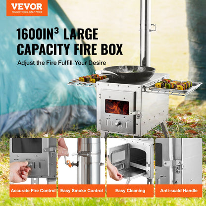 Wood Stove, 218.44 cm, Stainless Steel Camping Tent Stove, Portable Wood Burning Stove with Chimney Pipes & Gloves, 49161.3 cm³ Firebox Hot Tent Stove for Outdoor Cooking and Heating with 8 Pipes
