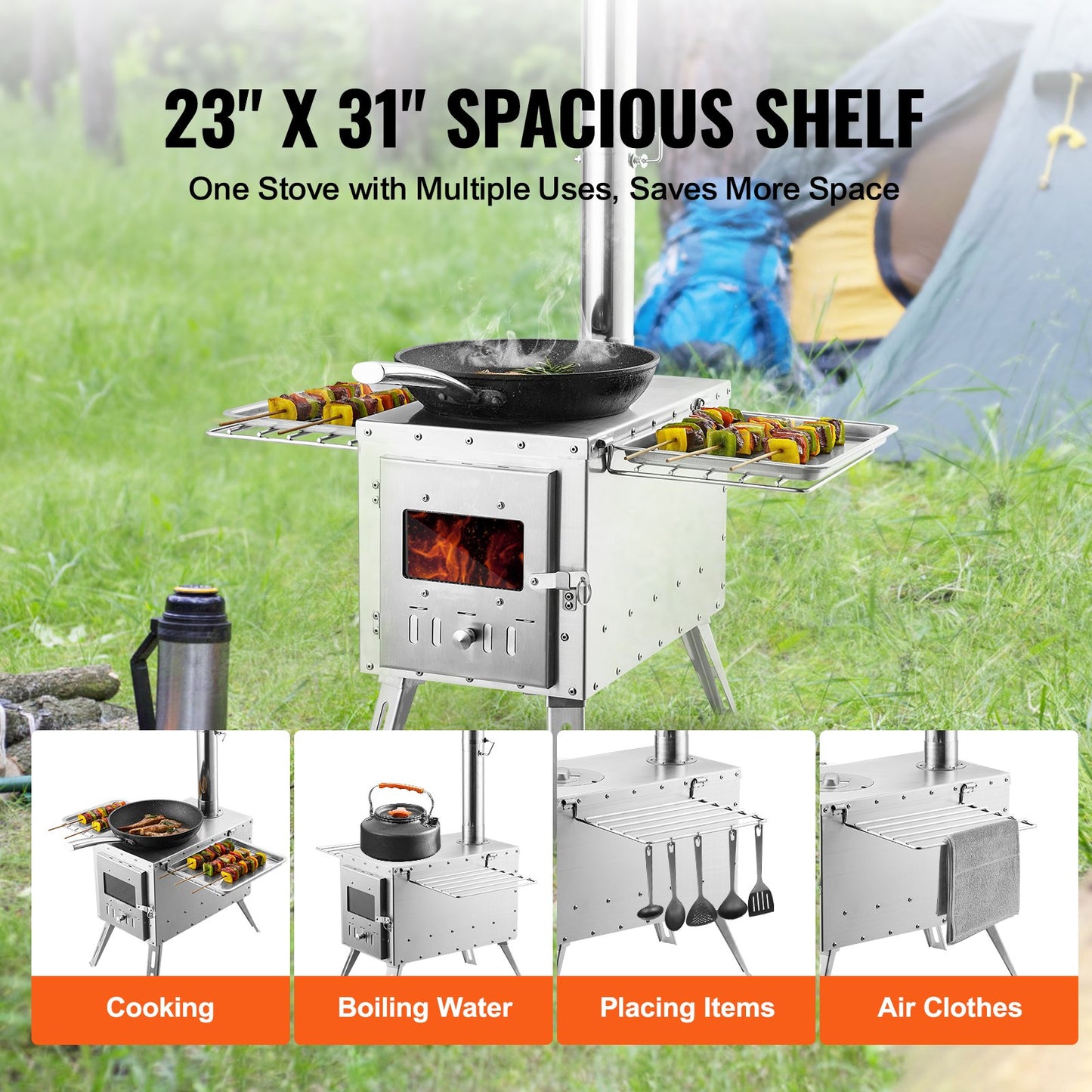 Wood Stove, 218.44 cm, Stainless Steel Camping Tent Stove, Portable Wood Burning Stove with Chimney Pipes & Gloves, 49161.3 cm³ Firebox Hot Tent Stove for Outdoor Cooking and Heating with 8 Pipes