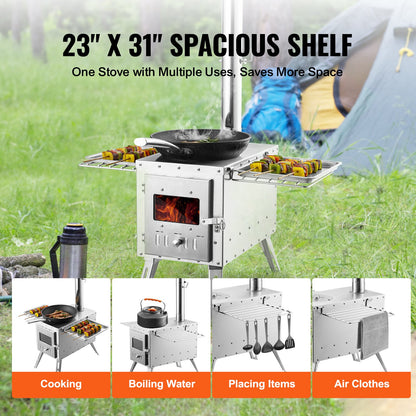 Wood Stove, 218.44 cm, Stainless Steel Camping Tent Stove, Portable Wood Burning Stove with Chimney Pipes & Gloves, 49161.3 cm³ Firebox Hot Tent Stove for Outdoor Cooking and Heating with 8 Pipes