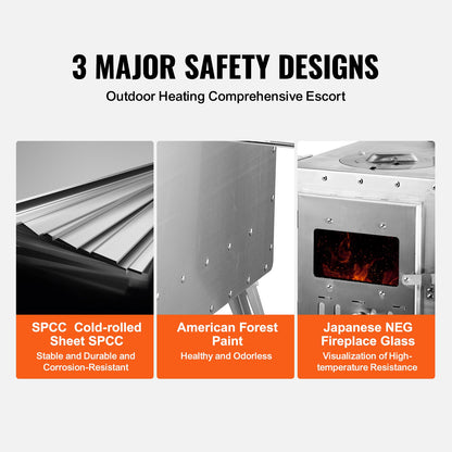 Wood Stove, 218.44 cm, Stainless Steel Camping Tent Stove, Portable Wood Burning Stove with Chimney Pipes & Gloves, 49161.3 cm³ Firebox Hot Tent Stove for Outdoor Cooking and Heating with 8 Pipes