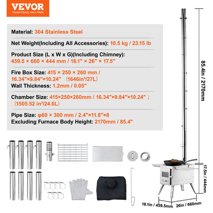 Wood Stove, 218.44 cm, Stainless Steel Camping Tent Stove, Portable Wood Burning Stove with Chimney Pipes & Gloves, 49161.3 cm³ Firebox Hot Tent Stove for Outdoor Cooking and Heating with 8 Pipes
