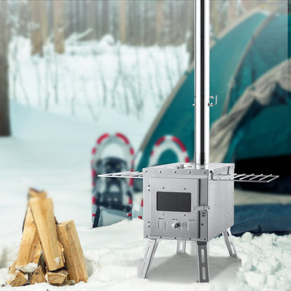 Wood Stove, 218.44 cm, Stainless Steel Camping Tent Stove, Portable Wood Burning Stove with Chimney Pipes & Gloves, 49161.3 cm³ Firebox Hot Tent Stove for Outdoor Cooking and Heating with 8 Pipes