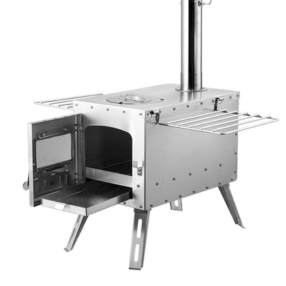 Wood Stove, 218.44 cm, Stainless Steel Camping Tent Stove, Portable Wood Burning Stove with Chimney Pipes & Gloves, 49161.3 cm³ Firebox Hot Tent Stove for Outdoor Cooking and Heating with 8 Pipes