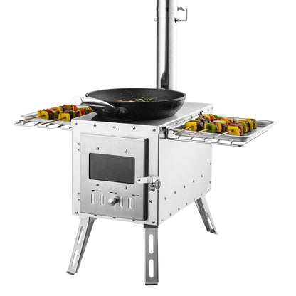 Wood Stove, 218.44 cm, Stainless Steel Camping Tent Stove, Portable Wood Burning Stove with Chimney Pipes & Gloves, 49161.3 cm³ Firebox Hot Tent Stove for Outdoor Cooking and Heating with 8 Pipes