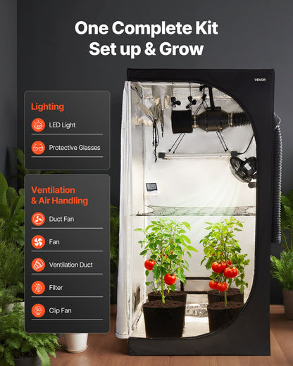 Indoor-Anbauzelt-Set, 100 x 100 x 200 cm, Pflanzenzelt mit Vollspektrum-LED-Pflanzenlampe und Belüftungssystem, 600D hochreflektierende Mylar-Folie, Anzuchtzelt für Blumen und Gemüse