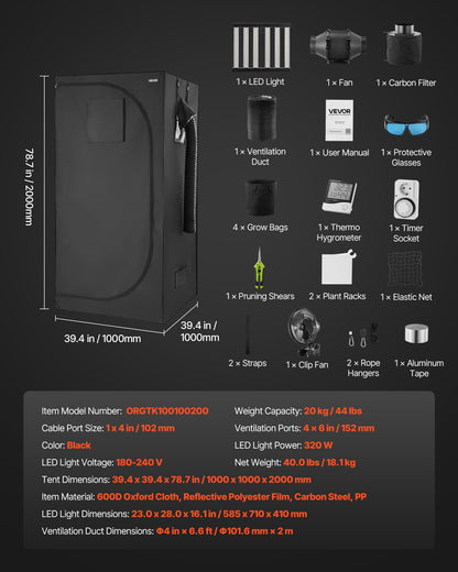 Indoor-Anbauzelt-Set, 100 x 100 x 200 cm, Pflanzenzelt mit Vollspektrum-LED-Pflanzenlampe und Belüftungssystem, 600D hochreflektierende Mylar-Folie, Anzuchtzelt für Blumen und Gemüse