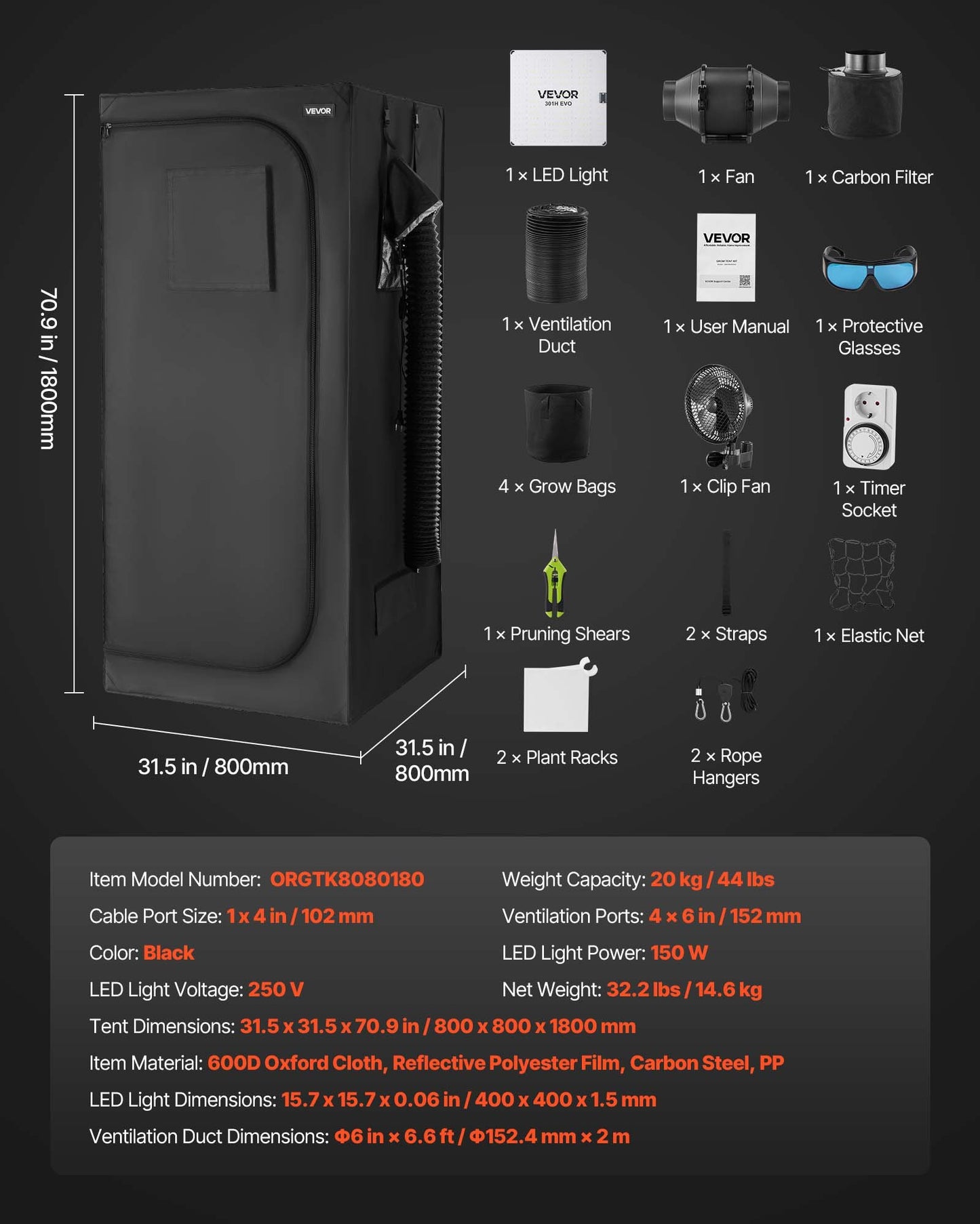 Indoor-Anbauzelt-Set, 80 x 80 x 180 cm, Pflanzenzelt mit Vollspektrum-LED-Pflanzenlampe und Belüftungssystem, 600D hochreflektierende Mylar-Folie, Anzuchtzelt für Blumen und Gemüse