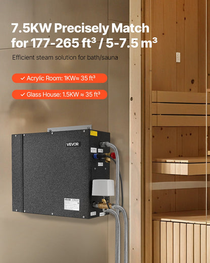 Dampfgenerator, 7,5 kW Dampfduschensystem mit Steuerung für Heimsauna, Badewanne und Spa, gewerbliches automatisches Ablaufset mit Überhitzungs-, Trockenlauf- und Überdruckschutz, 10 Min. bis 24 Std. Laufzeit, Schwarz