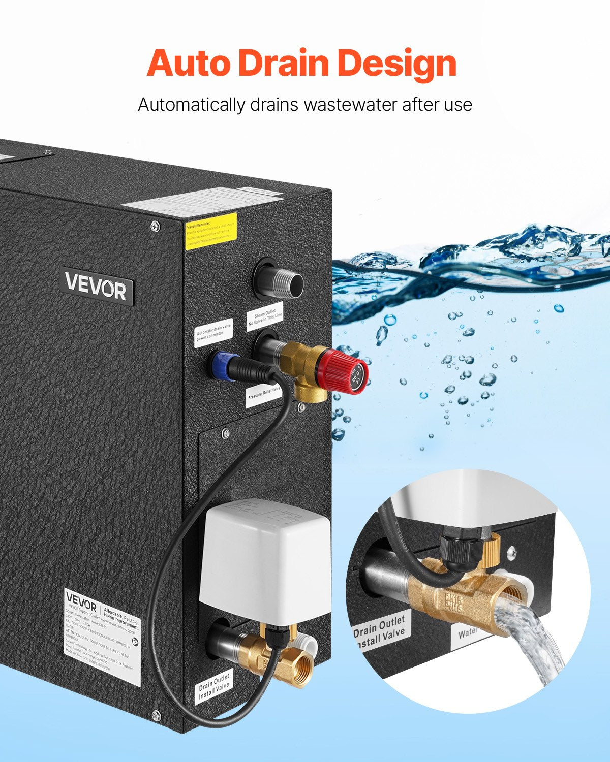 Dampfgenerator, 7,5 kW Dampfduschensystem mit Steuerung für Heimsauna, Badewanne und Spa, gewerbliches automatisches Ablaufset mit Überhitzungs-, Trockenlauf- und Überdruckschutz, 10 Min. bis 24 Std. Laufzeit, Schwarz