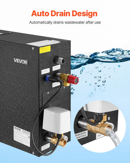 Dampfgenerator, 7,5 kW Dampfduschensystem mit Steuerung für Heimsauna, Badewanne und Spa, gewerbliches automatisches Ablaufset mit Überhitzungs-, Trockenlauf- und Überdruckschutz, 10 Min. bis 24 Std. Laufzeit, Schwarz