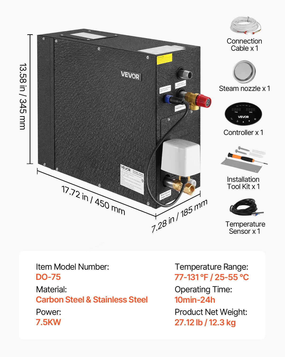 Dampfgenerator, 7,5 kW Dampfduschensystem mit Steuerung für Heimsauna, Badewanne und Spa, gewerbliches automatisches Ablaufset mit Überhitzungs-, Trockenlauf- und Überdruckschutz, 10 Min. bis 24 Std. Laufzeit, Schwarz