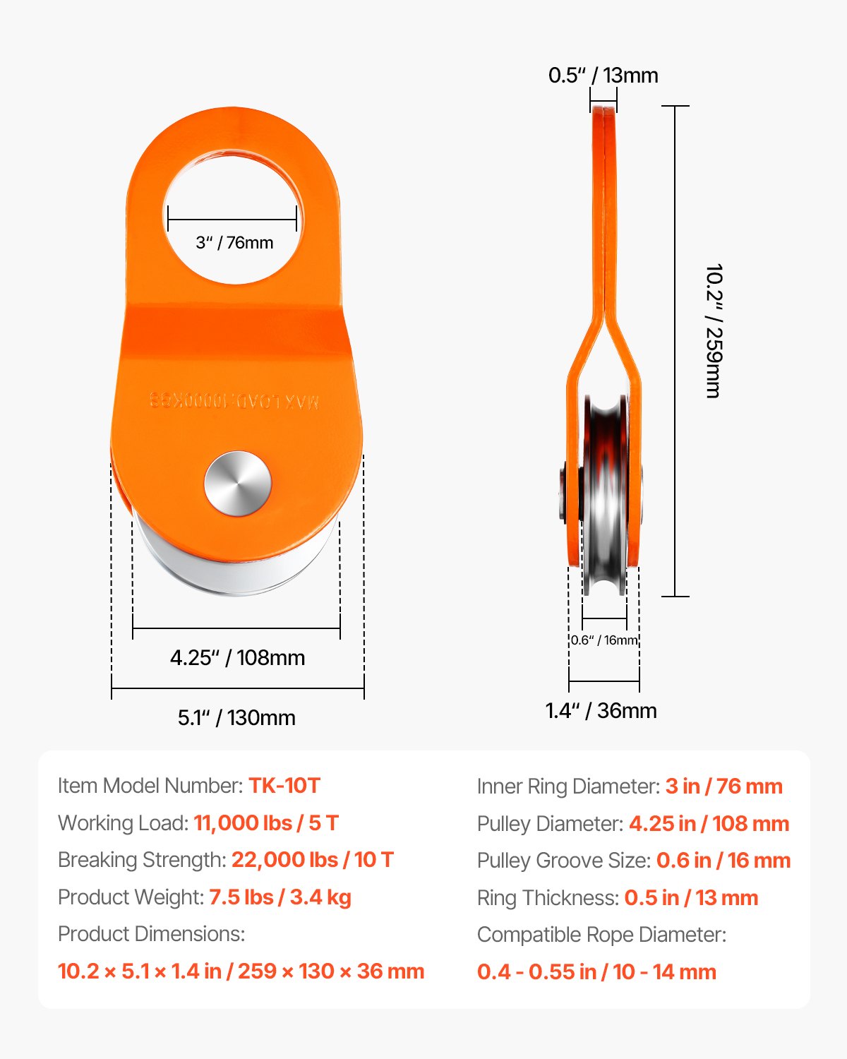 10-Tonnen-Seilwinden-Umlenkrolle, 22.000 lbs Tragkraft, Flaschenzugsystem, geeignet für Seile mit 0,4" - 0,55" Durchmesser, inklusive Seilwindenhaken, robustes Offroad-Bergungszubehör für LKW, Traktor, ATV und UTV