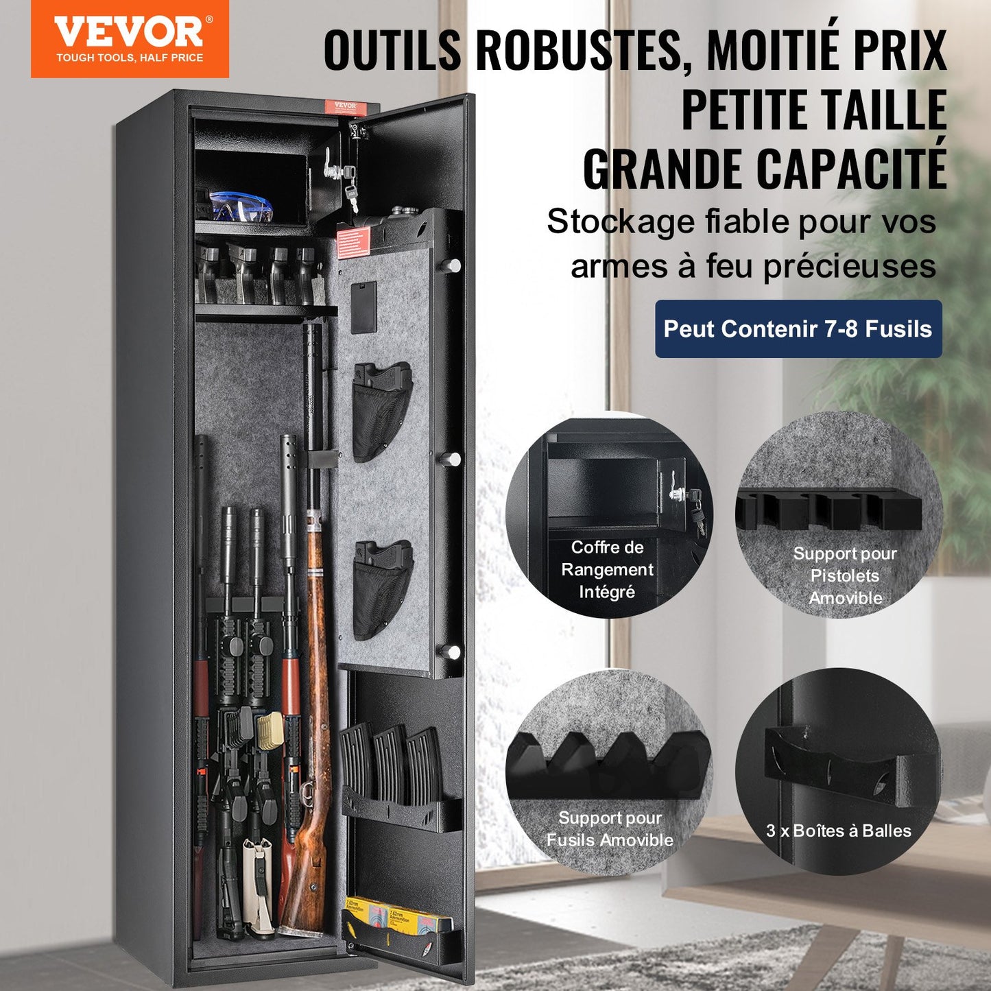 Waffenschrank für 7-8 Gewehre, Gewehrschrank mit digitalem Tastenfeld und Schloss, Waffenschrank mit integriertem Staufach, herausnehmbares Ablagefach für Langwaffen und Pistolen