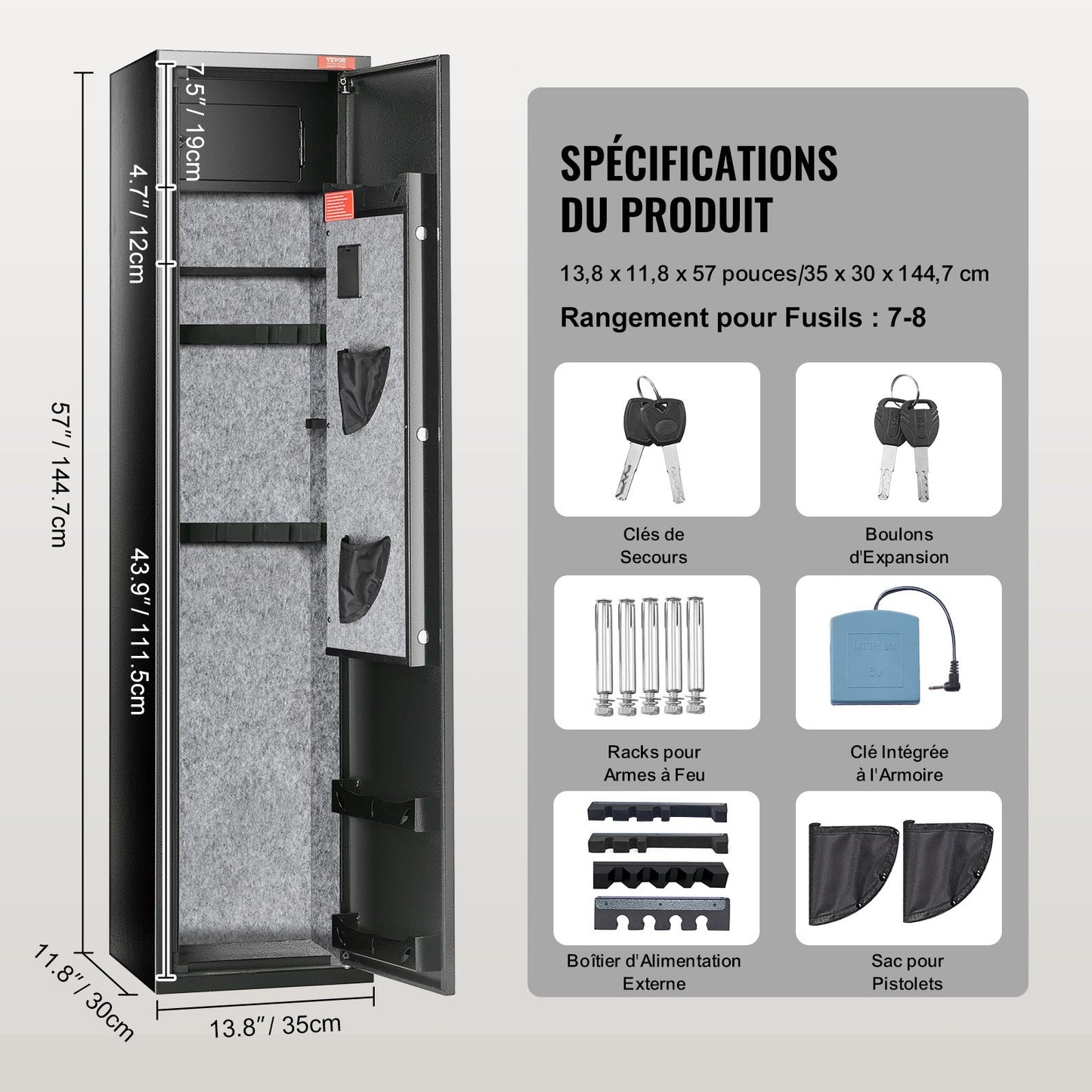 Waffenschrank für 7-8 Gewehre, Gewehrschrank mit digitalem Tastenfeld und Schloss, Waffenschrank mit integriertem Staufach, herausnehmbares Ablagefach für Langwaffen und Pistolen