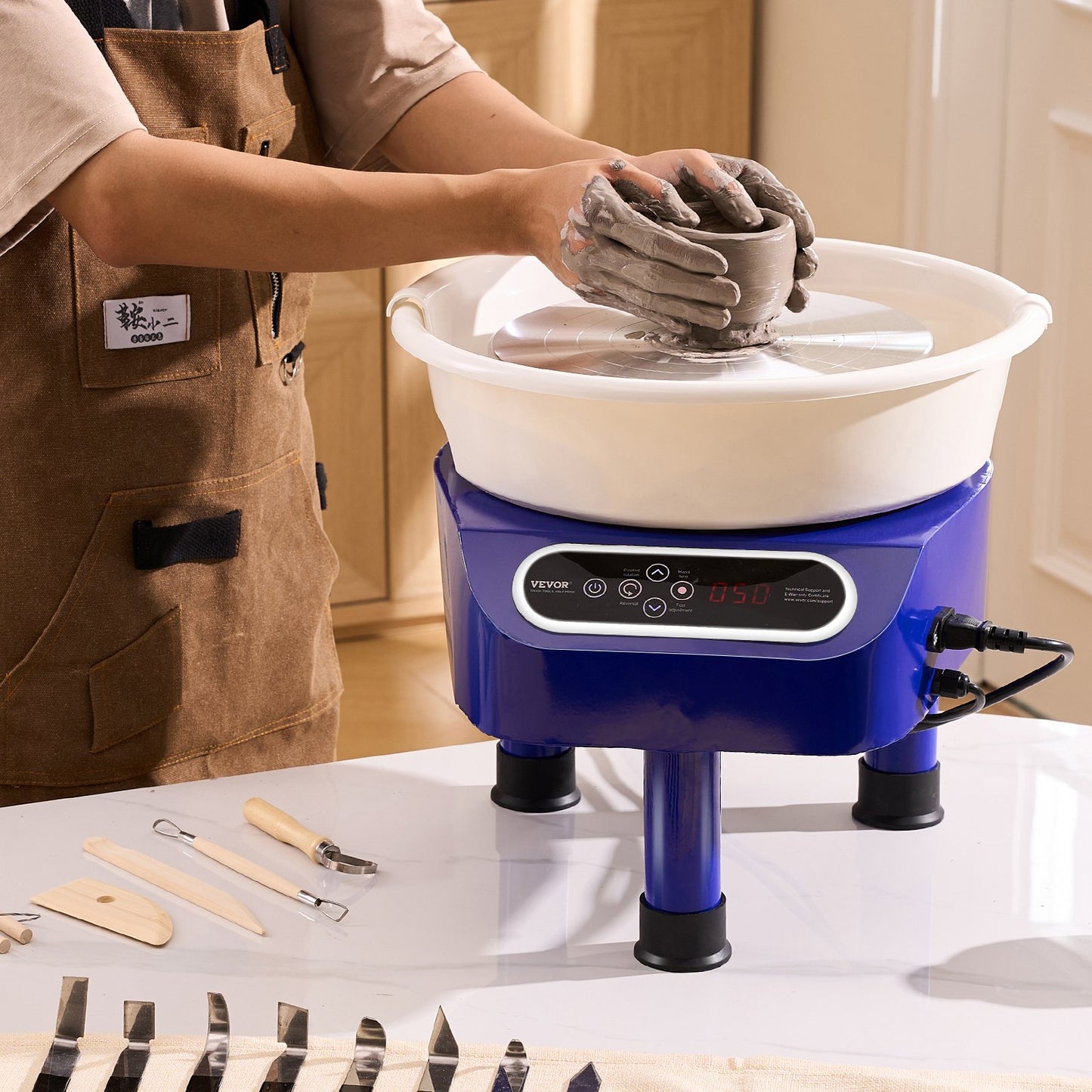 Töpferscheibe, 25 cm (10 Zoll) Töpferformmaschine, 350 W elektrische Töpferscheibe mit Fußpedal und LCD-Touchscreen, Direktantrieb-Keramikscheibe mit 3 Stützbeinen für DIY-Kunsthandwerk, Blau