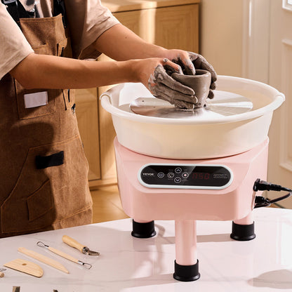 Töpferscheibe, 25 cm (10 Zoll) Töpferformmaschine, 350 W elektrische Töpferscheibe mit Fußpedal und LCD-Touchscreen, Direktantrieb-Keramikscheibe mit 3 Stützbeinen für DIY-Kunsthandwerk, Rosa